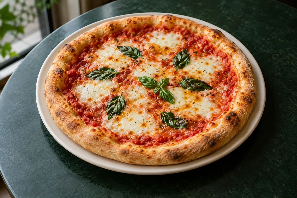 Illustrative Margherita pizza with tomato, melted cheese and basil